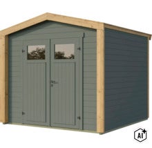 Abri de jardin en bois avec porte double et fenêtres de conception moderne (Image AI modified or generated)