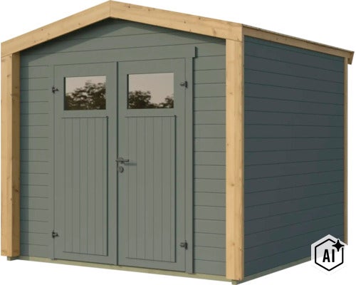 Abri de jardin en bois avec porte double et fenêtres de conception moderne (Image AI modified or generated)