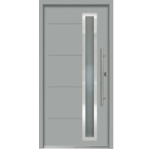 Graue Haustür mit vertikalem Lichtausschnitt, Edelstahleinfassung, Stangengriff und horizontalen Nutfräsungen.