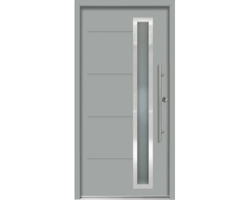 Graue Haustür mit vertikalem Lichtausschnitt, Edelstahleinfassung, Stangengriff und horizontalen Nutfräsungen.