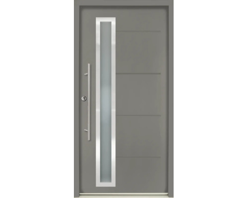 Porte d'entrée grise avec insert vitré vertical, longue poignée en inox et rainures horizontales.