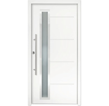 Porte d'entrée blanche en aluminium avec insert vitré vertical et barre de poignée.