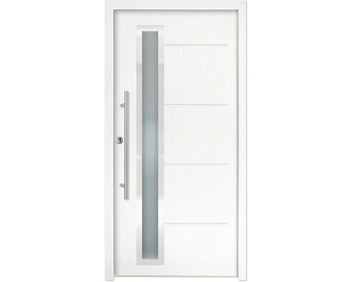 Porte d'entrée blanche en aluminium avec insert vitré vertical et barre de poignée.
