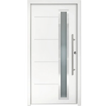 Porte d'entrée blanche avec vitrage vertical, poignée en acier inoxydable et rainures horizontales.