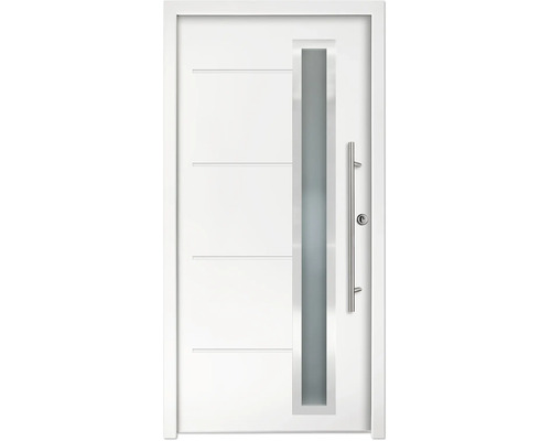 Porte d'entrée blanche avec vitrage vertical, poignée en acier inoxydable et rainures horizontales.