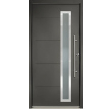 Porte d'entrée en anthracite avec découpe vitrée verticale, poignée barre en acier inoxydable et rainures horizontales.