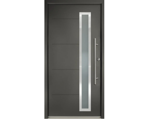 Porte d'entrée en anthracite avec découpe vitrée verticale, poignée barre en acier inoxydable et rainures horizontales.