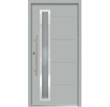 Porte d'entrée moderne grise avec insert vitré vertical, barre de tirage en acier inoxydable et rainures décoratives horizontales.