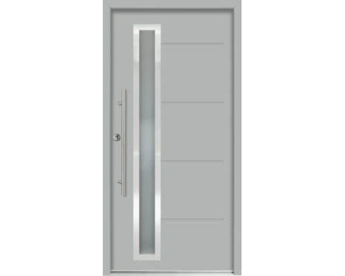 Porte d'entrée moderne grise avec insert vitré vertical, barre de tirage en acier inoxydable et rainures décoratives horizontales.