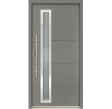 Porte d'entrée grise avec insert vitré vertical, longue poignée en inox et rainures horizontales.