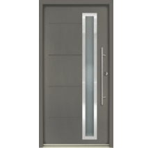 Porte d'entrée moderne gris foncé avec découpe vitrée verticale, cadre en acier inoxydable, rainures horizontales et poignée barre en inox.