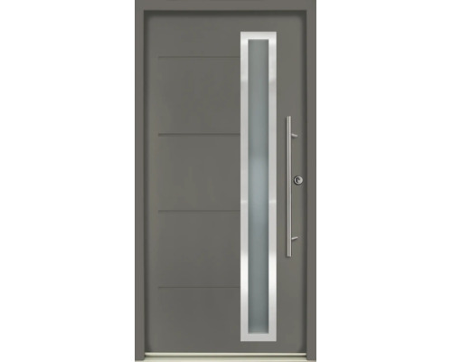 Porte d'entrée moderne gris foncé avec découpe vitrée verticale, cadre en acier inoxydable, rainures horizontales et poignée barre en inox.