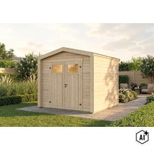Abri de jardin en bois avec porte double et fenêtres situé dans un jardin sur une terrasse pavée. (Image AI modified or generated)