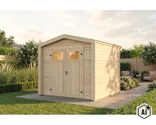 Abri de jardin en bois avec porte double et fenêtres situé dans un jardin sur une terrasse pavée. (Image AI modified or generated)