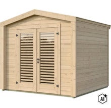 Abri de jardin en bois avec toit à deux pans et double porte avec fenêtres à lamelles pour l'extérieur. (Image AI modified or generated)