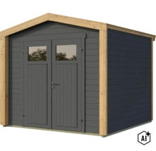 Abri de jardin moderne en bois avec double porte, fenêtres et toit à deux pans, idéal pour le rangement des outils. (Image AI modified or generated)