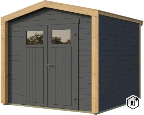 Abri de jardin moderne en bois avec double porte, fenêtres et toit à deux pans, idéal pour le rangement des outils. (Image AI modified or generated)