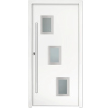 Porte d'entrée blanche avec trois vitrages rectangulaires et une longue barre de tirage.