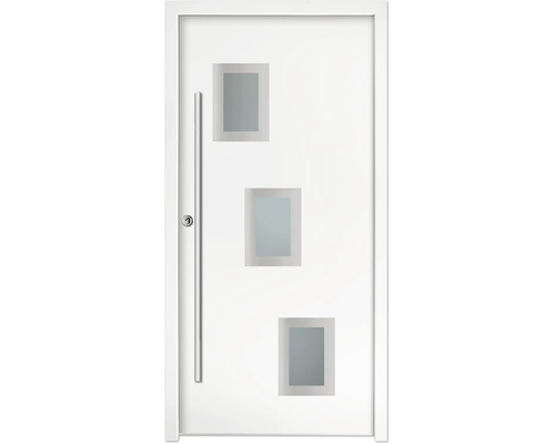 Porte d'entrée blanche avec trois vitrages rectangulaires et une longue barre de tirage.