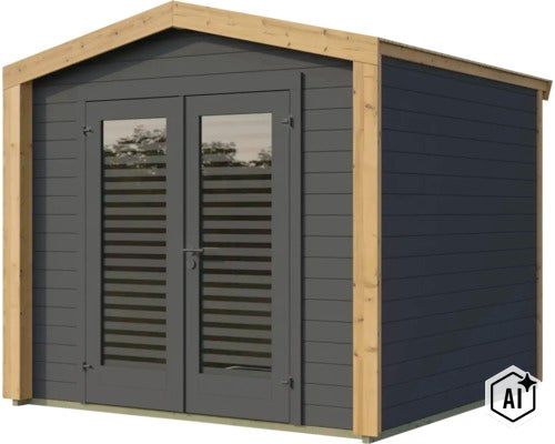 Abri de jardin moderne en bois avec double porte et inserts en verre, bardage horizontal et accents en bois naturel sur les bords. (Image AI modified or generated)