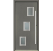 Porte d'entrée grise avec trois vitrages rectangulaires et une longue barre de tirage en acier inoxydable.