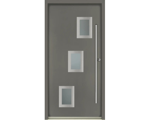 Porte d'entrée grise avec trois vitrages rectangulaires et une longue barre de tirage en acier inoxydable.