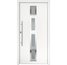 Porte d'entrée blanche avec quatre inserts rectangulaires en verre dans un cadre en acier inoxydable et longue poignée.