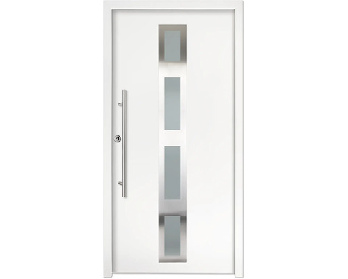 Porte d'entrée blanche avec quatre inserts rectangulaires en verre dans un cadre en acier inoxydable et longue poignée.