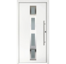 Porte d'entrée moderne blanche avec quatre inserts en verre rectangulaires et une poignée verticale en acier inoxydable.
