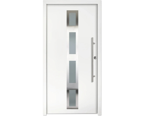 Porte d'entrée moderne blanche avec quatre inserts en verre rectangulaires et une poignée verticale en acier inoxydable.