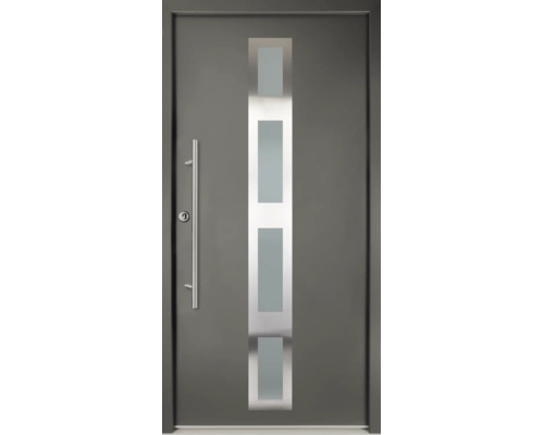 Porte d'entrée anthracite avec découpe vitrée verticale et poignée de tirage en acier inoxydable.