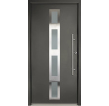 Porte d'entrée moderne gris foncé avec insert vitré vertical, quatre vitres rectangulaires et poignée en acier inoxydable.