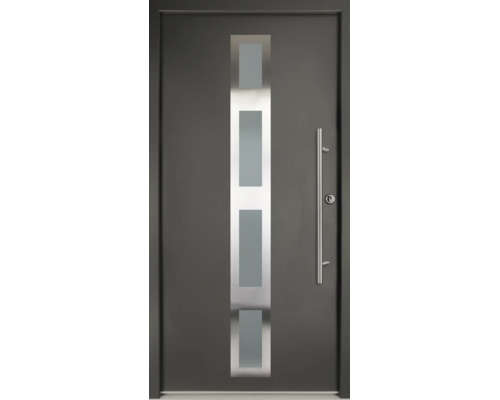 Porte d'entrée moderne gris foncé avec insert vitré vertical, quatre vitres rectangulaires et poignée en acier inoxydable.
