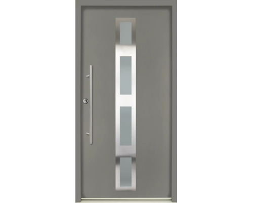 Porte d'entrée moderne grise avec vitrage vertical, quatre inserts en verre et poignée de tirage en acier inoxydable.