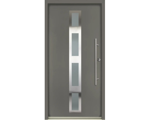 Porte d'entrée grise avec insert vitré vertical dans un cadre en acier inoxydable et longue poignée de tirage en acier inoxydable.