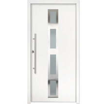 Porte d'entrée blanche avec quatre inserts en verre verticaux dans un cadre en acier inoxydable et une longue poignée de tirage.