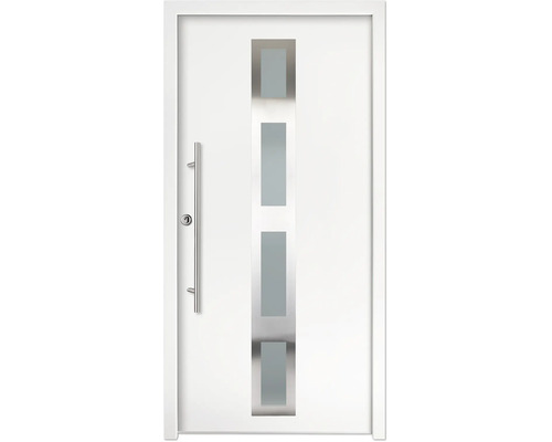 Porte d'entrée blanche avec quatre inserts en verre verticaux dans un cadre en acier inoxydable et une longue poignée de tirage.