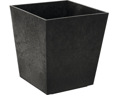 Pot de fleurs carré en plastique avec une surface texturée aspect pierre.