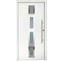 Porte d'entrée moderne en blanc avec quatre inserts en verre rectangulaires et une longue poignée en acier inoxydable.