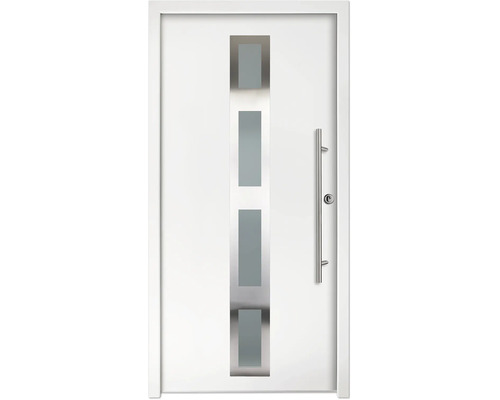 Porte d'entrée moderne en blanc avec quatre inserts en verre rectangulaires et une longue poignée en acier inoxydable.