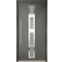Porte d'entrée anthracite avec découpe vitrée verticale et poignée de tirage en acier inoxydable.