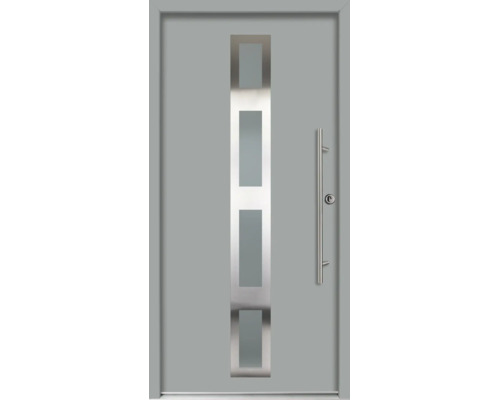 Moderne Haustür in Grau mit vier rechteckigen Glaseinsätzen, Edelstahl-Stoßgriff und Edelstahl-Applikationen.