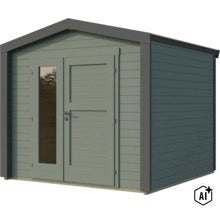 Abri de jardin en bois avec toit à deux pans et double porte vitrée (Image AI modified or generated)