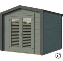 Abri de jardin en bois avec toit à deux pans et double porte à lames pour extérieur (Image AI modified or generated)