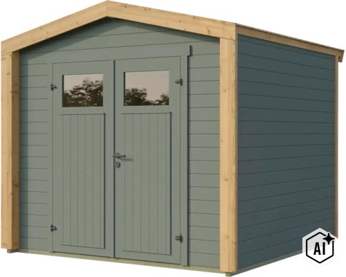 Abri de jardin en bois avec double porte et fenêtres au design classique pour extérieur (Image AI modified or generated)