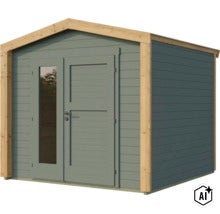 Abri de jardin en bois avec porte double et inserts en verre, design classique à toit en bâtière (Image AI modified or generated)