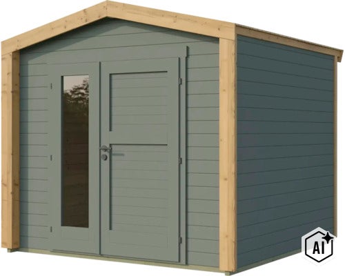 Abri de jardin en bois avec porte double et inserts en verre, design classique à toit en bâtière (Image AI modified or generated)