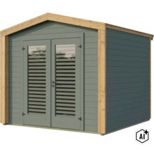 Abri de jardin moderne en bois avec porte à double battant et fenêtres pleine hauteur à division horizontale pour le jardin. (Image AI modified or generated)