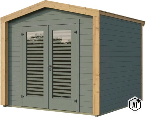 Abri de jardin moderne en bois avec porte à double battant et fenêtres pleine hauteur à division horizontale pour le jardin. (Image AI modified or generated)
