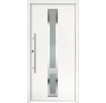 Porte d'entrée blanche avec découpe vitrée verticale, cadre en acier inoxydable et longue poignée barre.